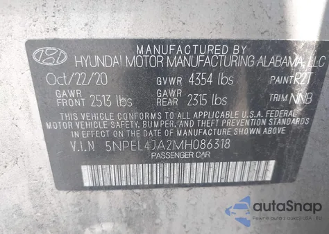 2021 Hyundai Sonata Sel z USA, uszkodzony, nr VIN 5NPEL4JA2MH086318